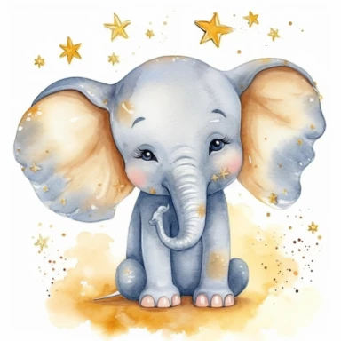 clipart de acuarela de dibujo infantil de elefante con luna y estrellas amarillassobre fondo trasero blanco, super detallado, 16k, full color, fotorealista, obra maestra, manchas de acuarela