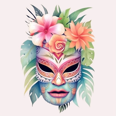 Pastel Cute Beautiful Hawaii Mask tropical flower Watercolor Sublimation Clipart,Cartoon, hyper realistic, intricate detail, illustration style,high solution,on the white background