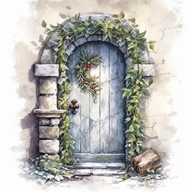 detailed watercolor clipart, photography style, beautiful christmas magic, stone wall, magical Christmas door open to winter wonderland, holly, ivy, HDR, winter snow, self shadow, white background