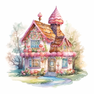 watercolor beautiful vintage Christmas gingerbread house candy house with icing fantasy clipart, whimsical, detailed watercolor style, on white background