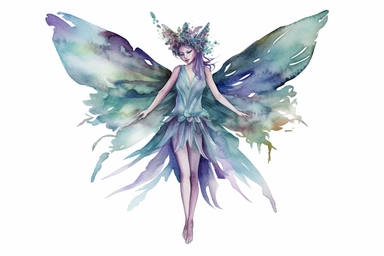 Watercolor delicate fairy queen full length with pointed ears and full wings in teals and purples, clipart, hd, white background, spaced out,