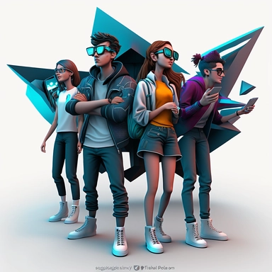 clipart of futuristic friend group of college students having fun together, animated, 3D, futuristic, realistic