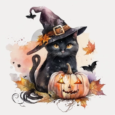 Watercolor black witch cat Halloween clipart, pumpkin, autumn season, Watercolor Sublimation design, white background