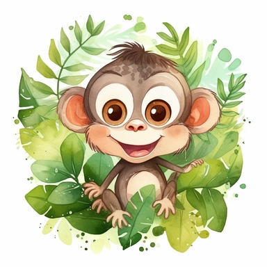 an happy and cute, with kawai style eyes, single monkey cartoon, clipart. The image should have a modern and elegant design style, illustration for kid's book like, watercolor painting combining organic shapes and fluid lines, but with exaggerated and comical features that emphasize the monkey's size and strength. Incorporate an jungle feel with plants and trees to give the image an jungle vibe and showcase the monkey's natural habitat