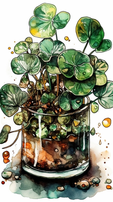 potted pilea plant, floral illustration vector clipart alcohol ink