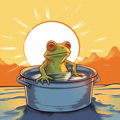 A cartoon frog is sitting in a pot of boiling water with a blazing sun in the background, cartoon, 2D, clip art, reptile, presentation, utility companies, california
