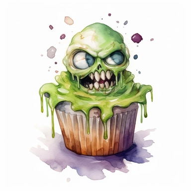 delicious halloween cupcake with brains, eyeballs and teeth, watercolour illustration clipart, extremely Frankenstein detailed, 4k, high quality, colour scheme black, lime green, , isolated on white background - <@1098423716465102849> (relaxed)