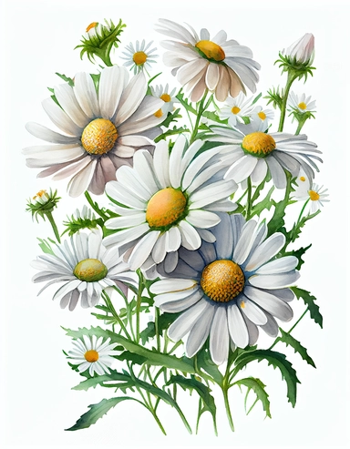 detailed vibrant watercolor round bouquet of 6 pieces white daisy flower , isolated on white background, realistic, clipart, no shadow