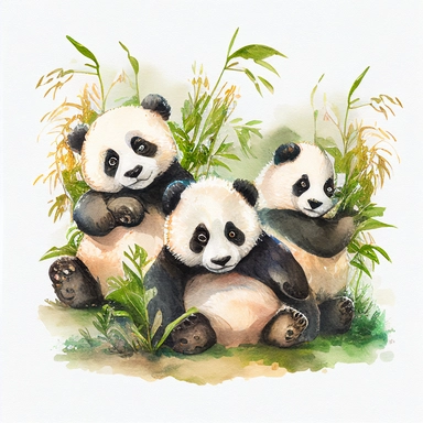 WATERCOLOR CLIPART FAMILY OF PANDAS CUTE PLAYING FOOLING AROUND IN THE NATURAL HABITAT