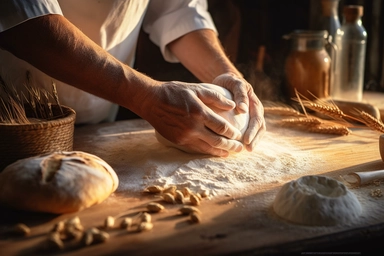 hands of a cook kneading bread dough, wooden table, background: rustic kitchen, spikelets are lying near, flour is poured, eggs, seeds, cumin are lying near, sunflower oil is in a special dispenser, realistic light, dust from flour is in the air, photo clipart, super detail, vignetting, shot with Nikon D3000, unreal engine,