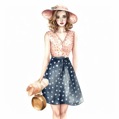 watercolor, hyper realistic, white background, white margins, 16k, ultra detailed clipart, cut out image, hand-drawn, whimsical a pretty lady wear a a vintage-inspired polka dot dress with a sweetheart neckline, reminiscent of the classic summer style.