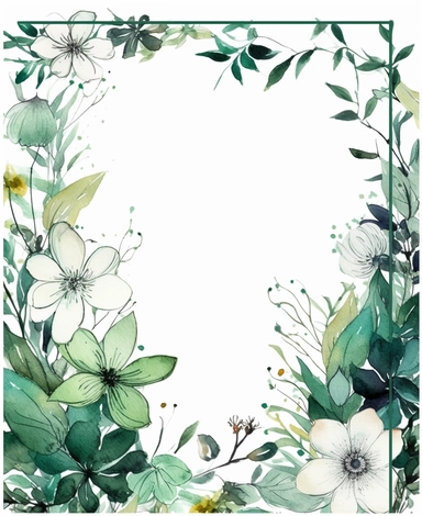 rectangle floral frame, thin border, green flowers and leaves, minimal with white space in middle, clipart, watercolor flowers, hand drawn, white background, clipart,