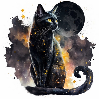 a sitting skinny pagan black cat in front of big starry sky portret, clipart, moon, watercolors, white background, stars, planets, galaxy, magical, ornaments, little golden stars, full body, pictorial space, sparky, golden glitter, oraneg eyes, use Cool Color Palette