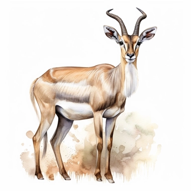 african antelope full body realistic clipart + white background + watercolor style