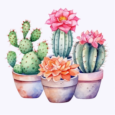 6 Watercolor cactus in a vase clipart, hd, isolated on white background, spaced out ar 3:2 s1000