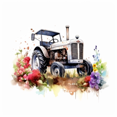 Watercolor texture, colorful, watercolor clipart, wildflower with Vintage Farm Tractor, very high detail, white background