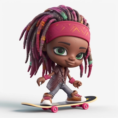 Black girl 3d clipart, chibi style, with Dreadlocks, skateboarding, white background, punker clothing, african colors, vector style, 4k, ultra detailed, sharp focus,