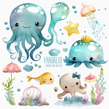 Undersea watercolor clipart, nursery decor, kawaii baby wall art, octopus, jellyfish, whale, cute ocean animals no text