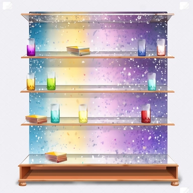 display with empty glass shelves, glitter, cartoon, clipart
