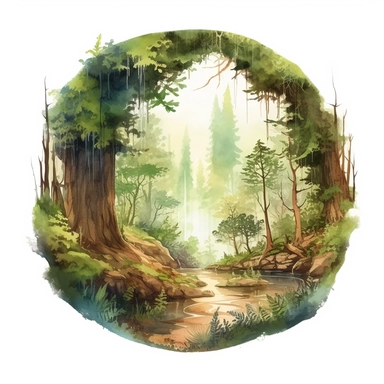 a watercolor of a realistic scenery of the center of the earth forrest, victorian style, vector free clipart illustration, in the style of unreal engine 5, 32k uhd, detailed features, white background