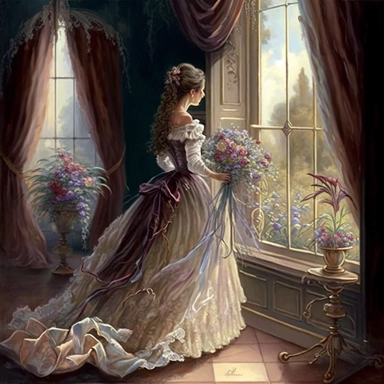 beautiful lady, very detailed, wearing beautiful dress, standing by large victorian window, looking out the window, beautiful romantic bouquet of flowers, beautiful crystal ornate vase, sitting on table with decorative tablecloth, infront of large victorian window with beautiful flowing curtaings, soft colors, crisp colors, ribbon, very detailed, fantasy, romantic, clipart style
