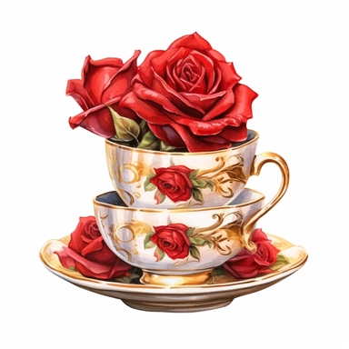 watercolor, white background, clipart, watercolor, white background, ultra-realistic and hyper-detailed clipart beautiful pile of teacups with red roses, red and rich gold hues