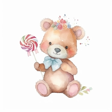 watercolor clipart, adorable boho royal baby bear candy, boho style, 8k, hd, isolated on a white background