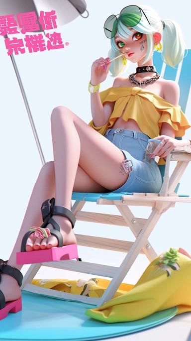 girl sitting in a beach chair，with bright and colorful clothes, yellow hair, hair clips, a red top, and silver leather shoes, in the style of rendered in cinema4d, party kei, salon kei, hallyu, realistic depictions of everyday life, 3D.caton,pop mart, pixar, Disney, C4D, octane rendering, 8K, best quality, HD