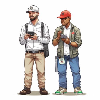 in a cartoon clip, art kind of style: The image depicts 2 individuals workers, each representing a different type of person. They are both wearing white-colored polo shirts and either black or khaki-colored pants.They are seen holding iPads and iPhones and Inspecting HVAC system and fire hydrants.