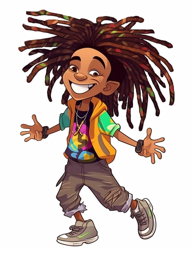 cute cool happy black boy with wild colorful dreadlocks, jumping, chibi style, jewelry, hip hop clothing, hands in pocket, clipart, whole body, white background,