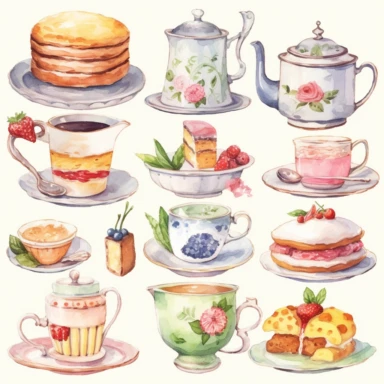 Watercolor vintage tea party items, illustrations clipart set, simple, soft colors, cartoon elements, different variants, teapot, sugar bowl, bun, jug of milk, cake stand, scones, china cup and saucer, , napkin, clotted cream, , knife, fork, jam, slice of cake on plate, tea cups, stacked teacups, lemondish, butter and bisciuits, , tea jars, , separate elements with a margin