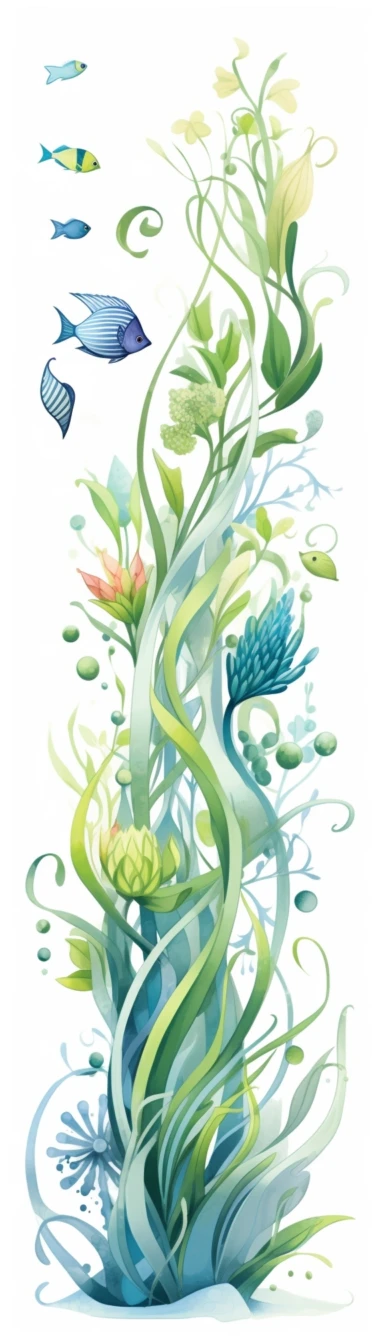 clipart — sea plant illustration, asian marine life, watercolor, sprout, abstract style, white background, colorful curves, 32k uhd, chalk, symmetry, asymmetrical, landscape , Spring flowers, spring grass, vertical format, plants