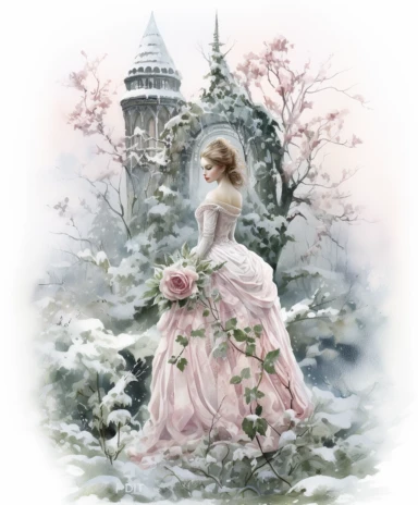 isolated on white illustration watercolor Biochromism art of a beautiful feminine princess, white and light pink roses and flowers, covered with snow and ice, a lot of moss and branches, old house, trees, lace and embroidery, masterpiece by Tomasz Alen Kopera style and by Carl Holsoe style and by Hannah Dale style and by Alexander Jansson style, PNG clipart, isolated on white, white background, extreme photorealistic details, 32k HD resolution, realistic high detailization high resolution