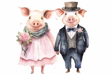Watercolor clipart of pig in clothes, bride and groom style of Michael Thomas, HD on white backround