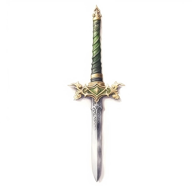 sword excalibur | COLOR THEME: dark green, olive green, army green, black, light pink | watercolor, clipart, hyperrealistic, white background