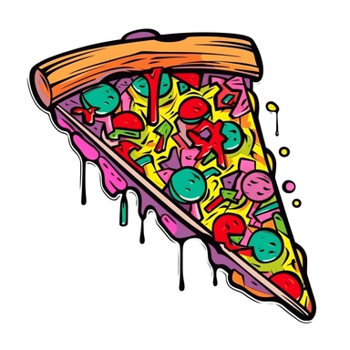 pizza slice in the style of colorful graffiti, sticker, clipart, vector, contour, colorful paint, white background