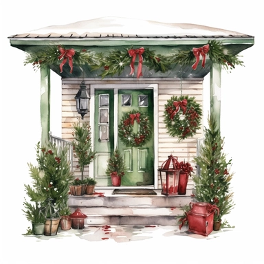 vector watercolor cute red and green vintage Christmas porch clipart on white background, winter, red and green vintage holiday Christmas porch, photorealistic, ultrarealistic, no background, on white