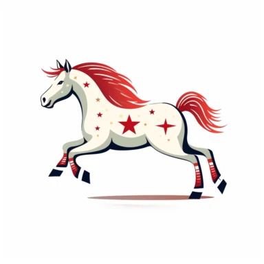 simple horse trotting with stars on back and red and white colored hair, side view, vector art, illustration, clipart, line art, limited detail