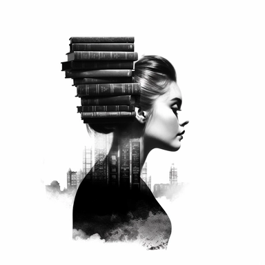 double exposure: a black shape of a beautiful girl's head with a messy bun, inside there is a bookcase with lots of books, clipart, isolated on white background, 4K,