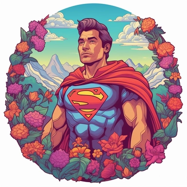 super man, close up, a sticker, artwork of t shirt graphic of majestic forest, in digital painting style , beautiful flowers, sunset mountains and clouds , big vines, stone temple covered in vines, white background, colorful fantasy flower surround, highly detailed clean, vector image, photorealistic masterpiece, professional photography, realistic, flat white background, isometric, vibrant vector, clipart, illustration, realism, 4k, , cinematic, front view, white background, paradise, extremely