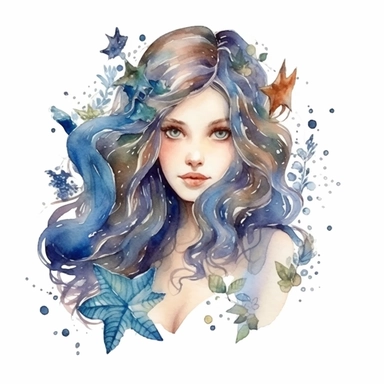 beautiful rich sea mermaid with long hair, sea stars, sea shells, portrait, super high quality, high resolution, watercolor clipart, natural colors, isolated white background, 8k