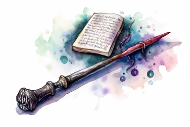 Sinister Victorian watercolor magician's wand with book of spells and vial of poison, clipart, spaced out, white background,