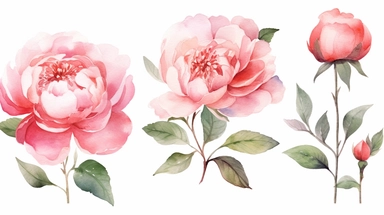Watercolor flowers. Pink red blush peony set. Floral bouquet clipart. Garden roses with greenery illustration isolated on white background
