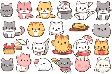 kawaii cat clip art images, in the style of kawaii charm, chilling creatures, cute cartoonish designs, clipart, vector, minimal, white background