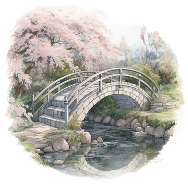 watercolor, hyper realistic, white background, white margins, 16k, ultra detailed clipart, cut out image, hand-drawn illustration style for picture books a curved Japanese bridge over a small stream that is surrounded by cherry blossom trees. The bridge and trees are painted in soft shades of pink and green