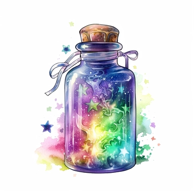 cartoon bottle of fairy dust, with a tag attached, glowing lights stars and sparkles, colors of green purple gold and blue, glamorous realistic and detailed, watercolor, white background with margins, clipart style