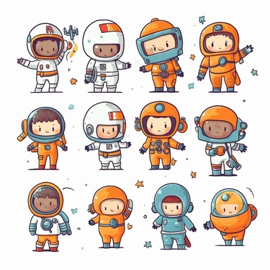 cute Astronauts cliparts in hand drawn vector illustration on white background.