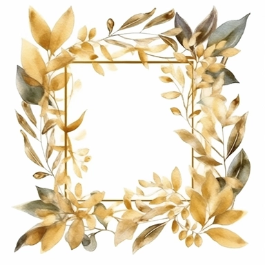 beautiful golden elegant simple square foliage frame, clipart watercolour style, isolated white background, 8k
