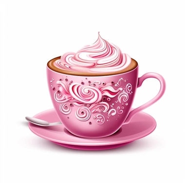 Cute Beautiful Pink Coffee Cup Sublimation Clipart ,Cartoon,hyper realistic, intricate detail, illustration style,high solution,on the white background