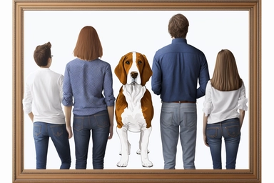 portrait of a family , faceless people, royal blue jeans,white shirt, a beagle,black,brown, white angora rabbit,in a pack of one wall frame, design clipart, white background,